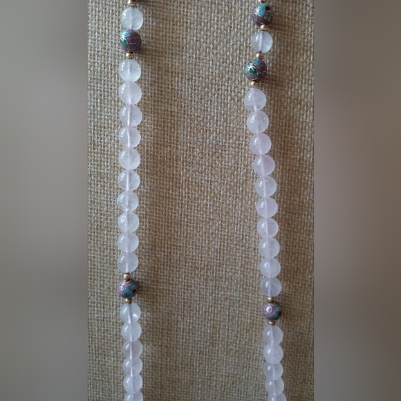 14k Clasp Spacers Rose Quartz Beaded Single Strand Cloisonne Necklace - Picture 10 of 14